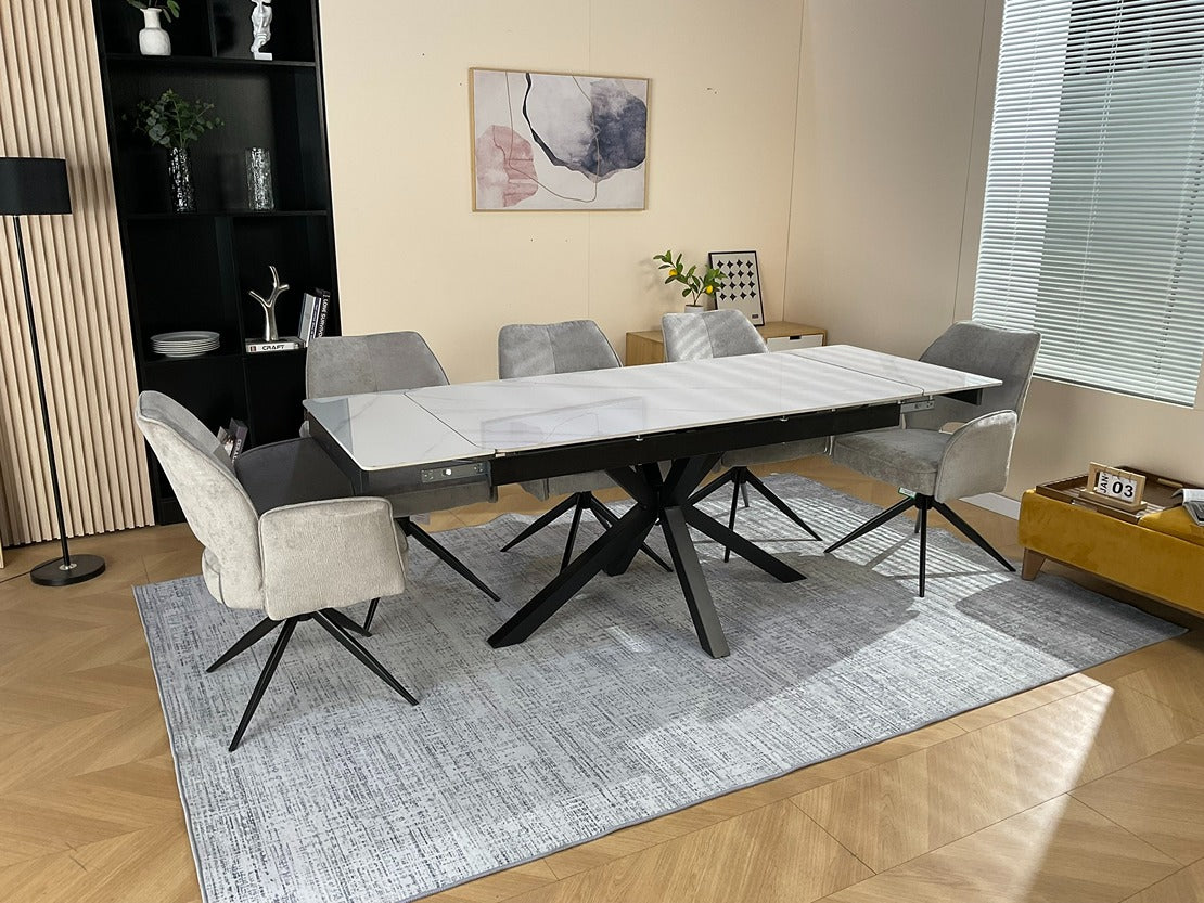 Oxford White Dining Table Set with Tulip 360 Auto Spin Chairs with Armrest Grey