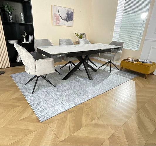 Oxford White Dining Table Set with Tulip 360 Auto Spin Chairs with Armrest Grey