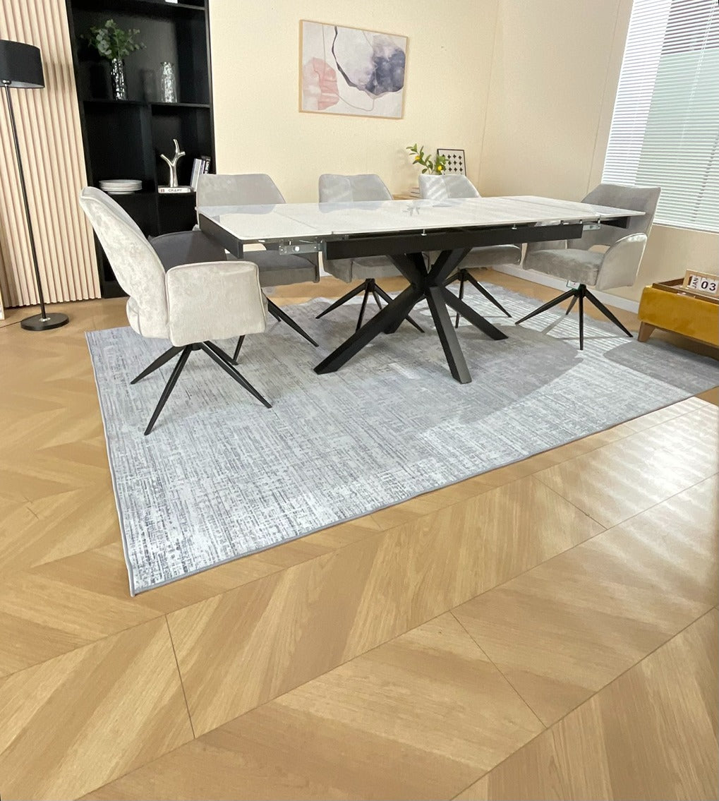 Oxford White Dining Table Set with Tulip 360 Auto Spin Chairs with Armrest Grey