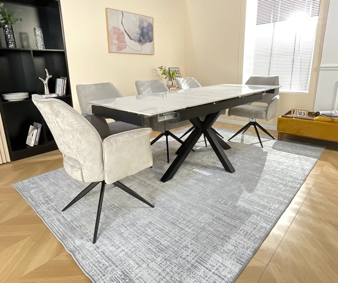 Oxford White Dining Table Set with Tulip 360 Auto Spin Chairs with Armrest Grey