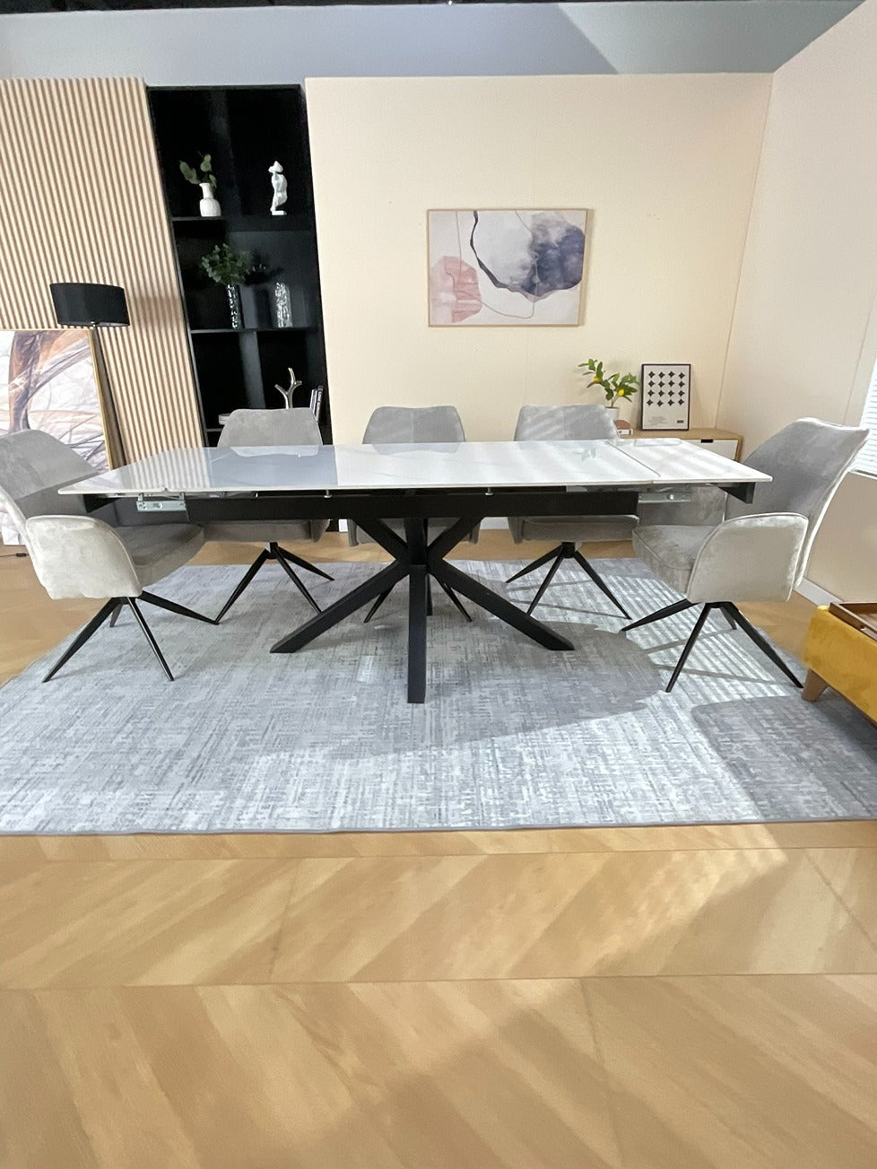 Oxford White Dining Table Set with Tulip 360 Auto Spin Chairs with Armrest Grey