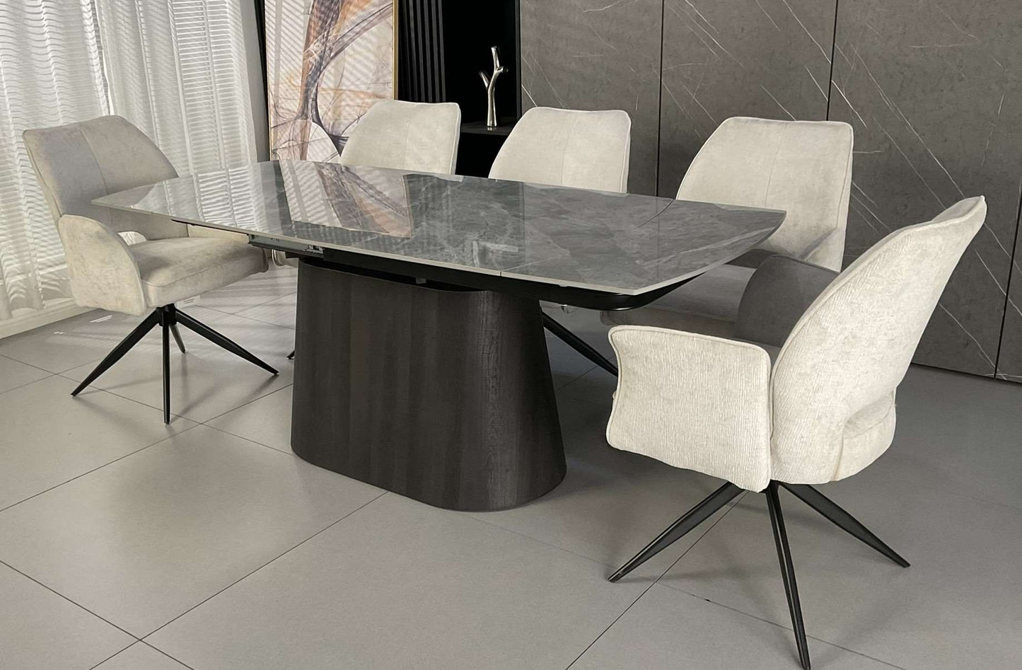 Cleo Twist Dining Set Grey with White Tulip 360 Auto Spin Chairs with Armrest