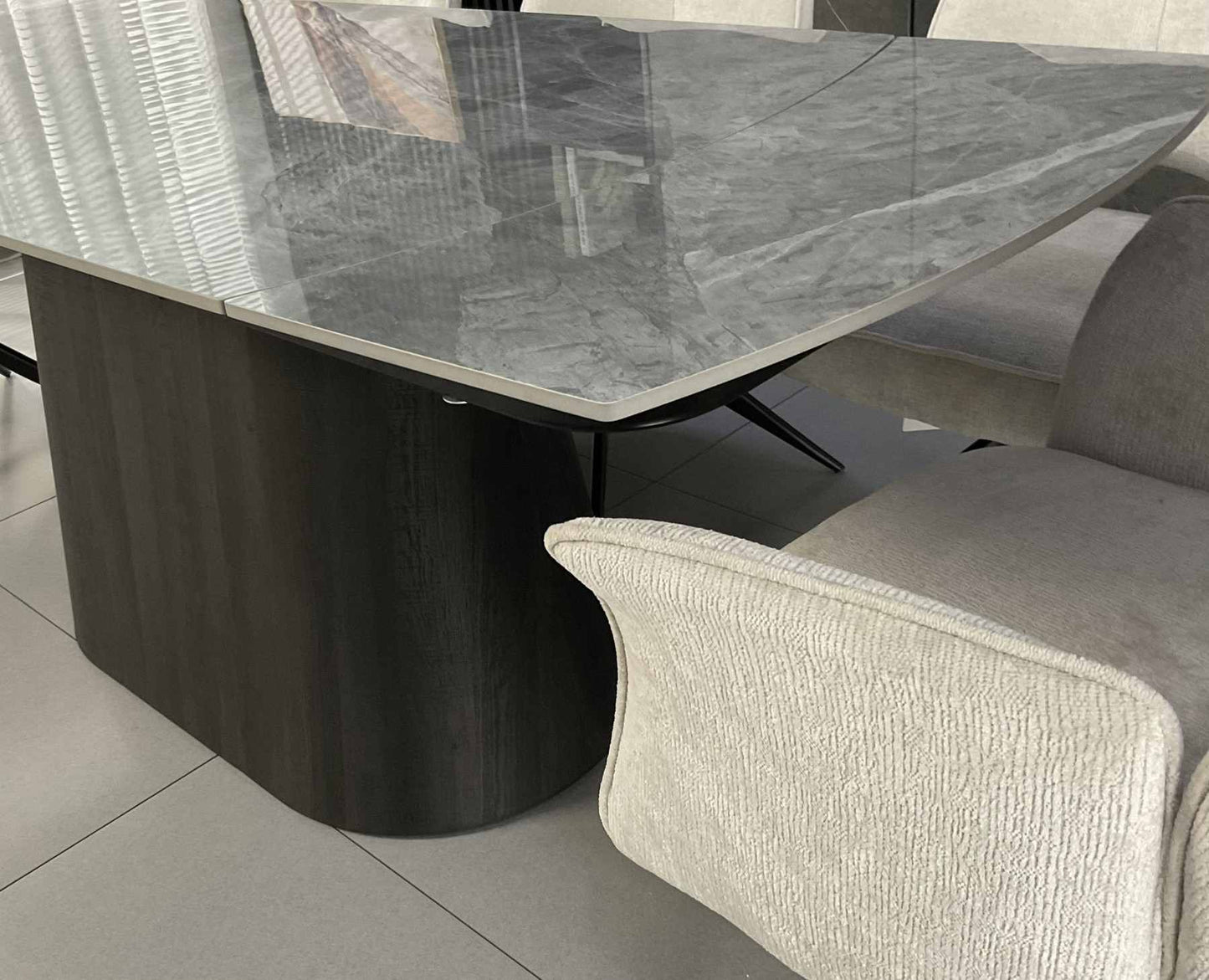 Cleo Twist Dining Set Grey with White Tulip 360 Auto Spin Chairs with Armrest