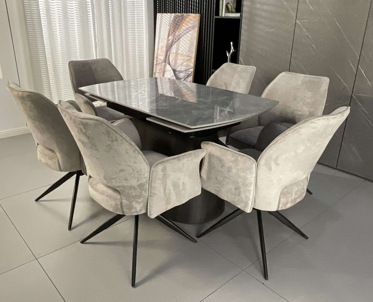 Cleo Twist Dining Set Grey with White Tulip 360 Auto Spin Chairs with Armrest