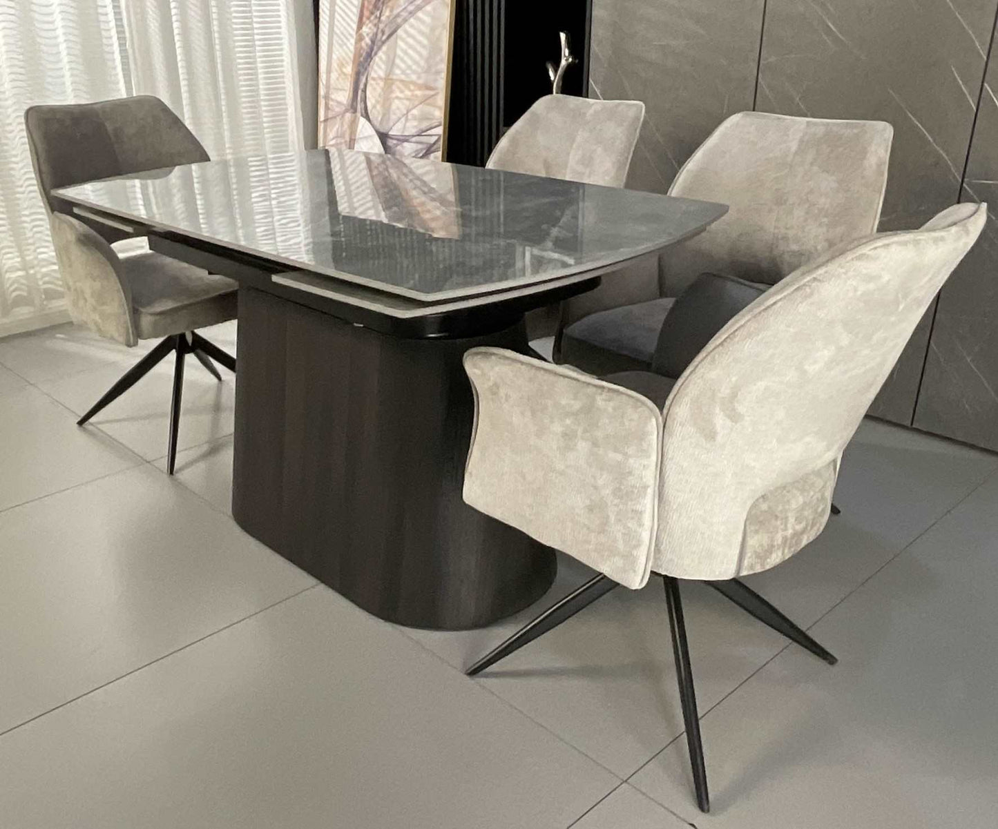 Cleo Twist Dining Set Grey with White Tulip 360 Auto Spin Chairs with Armrest