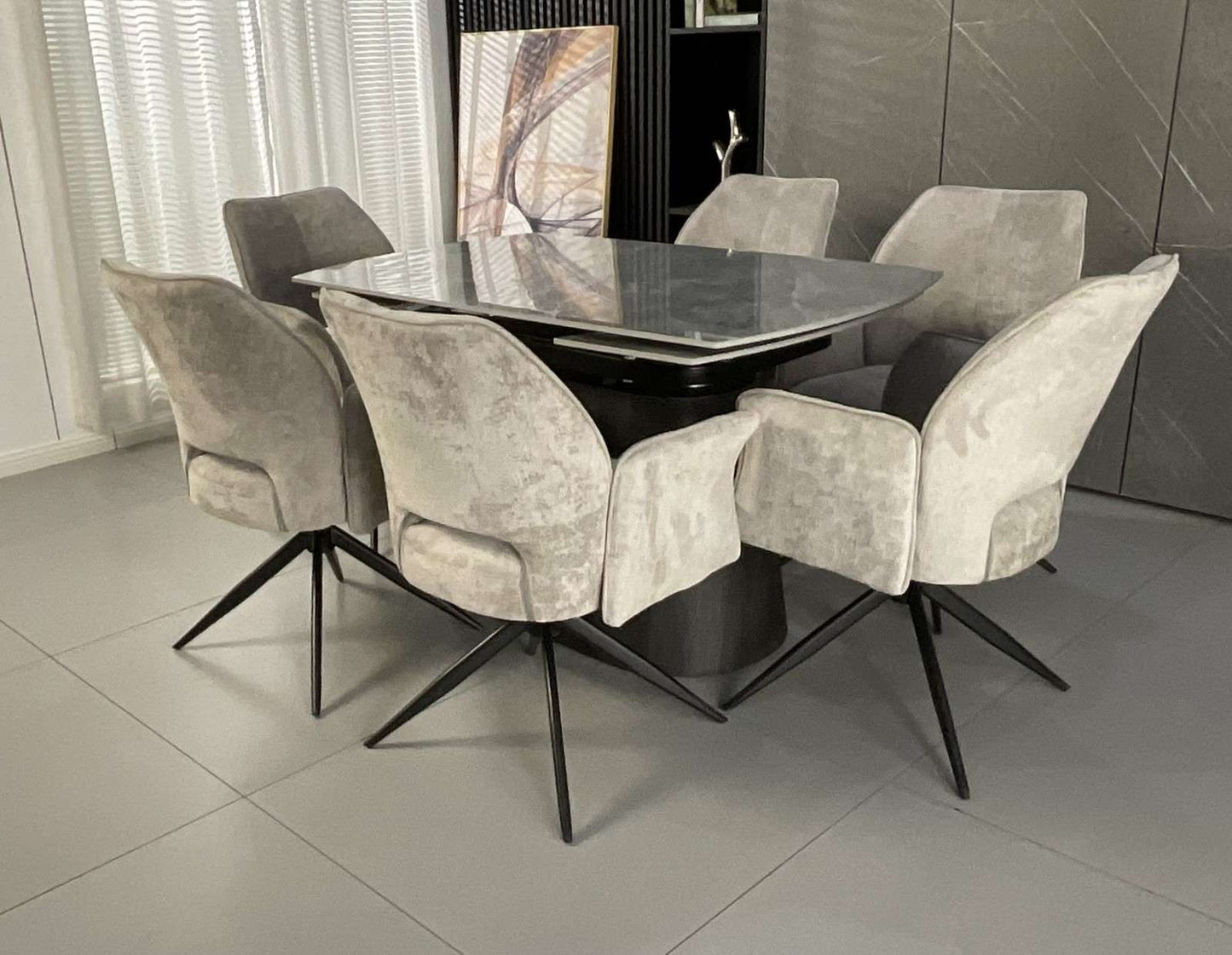 Cleo Twist Dining Set Grey with White Tulip 360 Auto Spin Chairs with Armrest