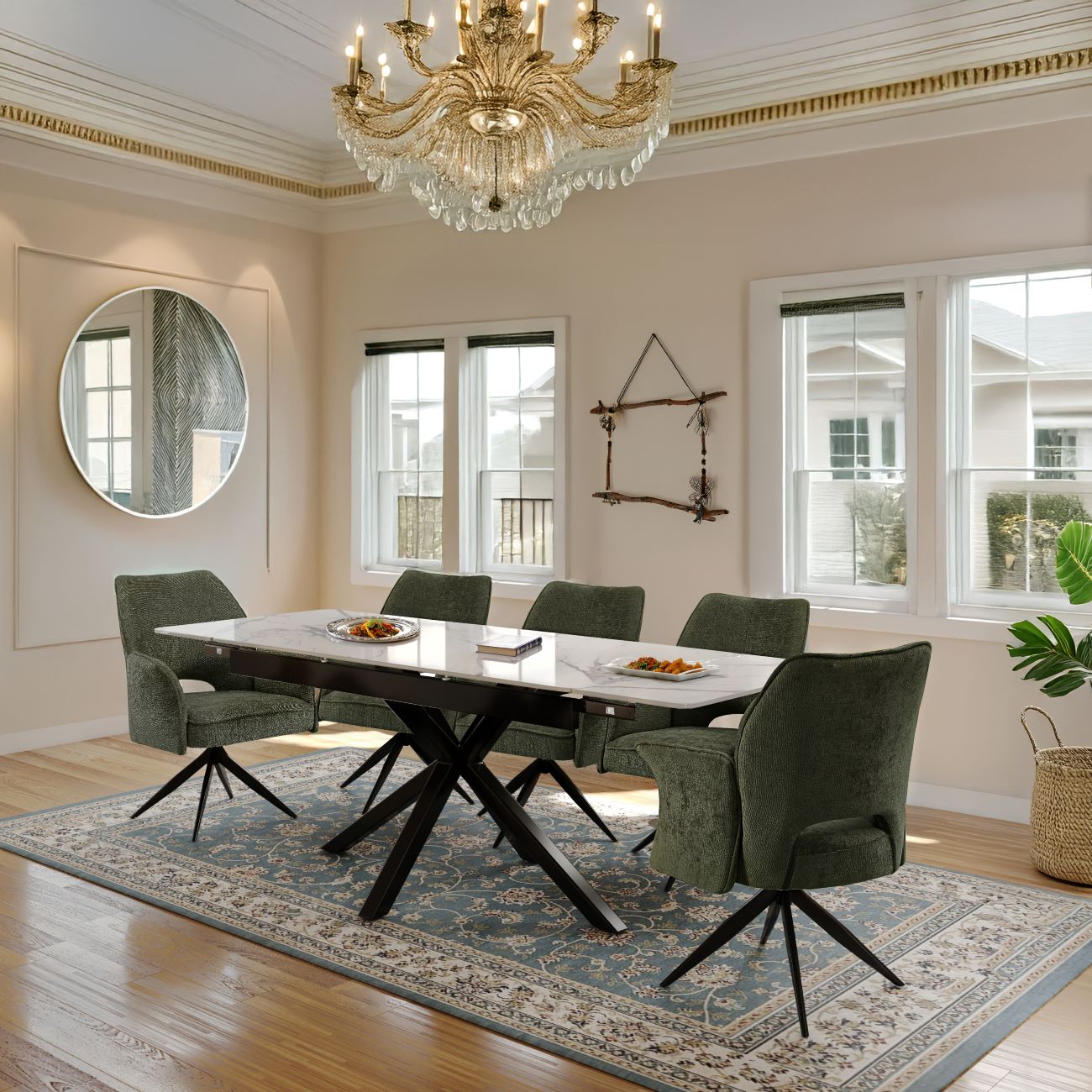 Oxford Black and 6 Tulip Chairs with Armrest Green Dining Set