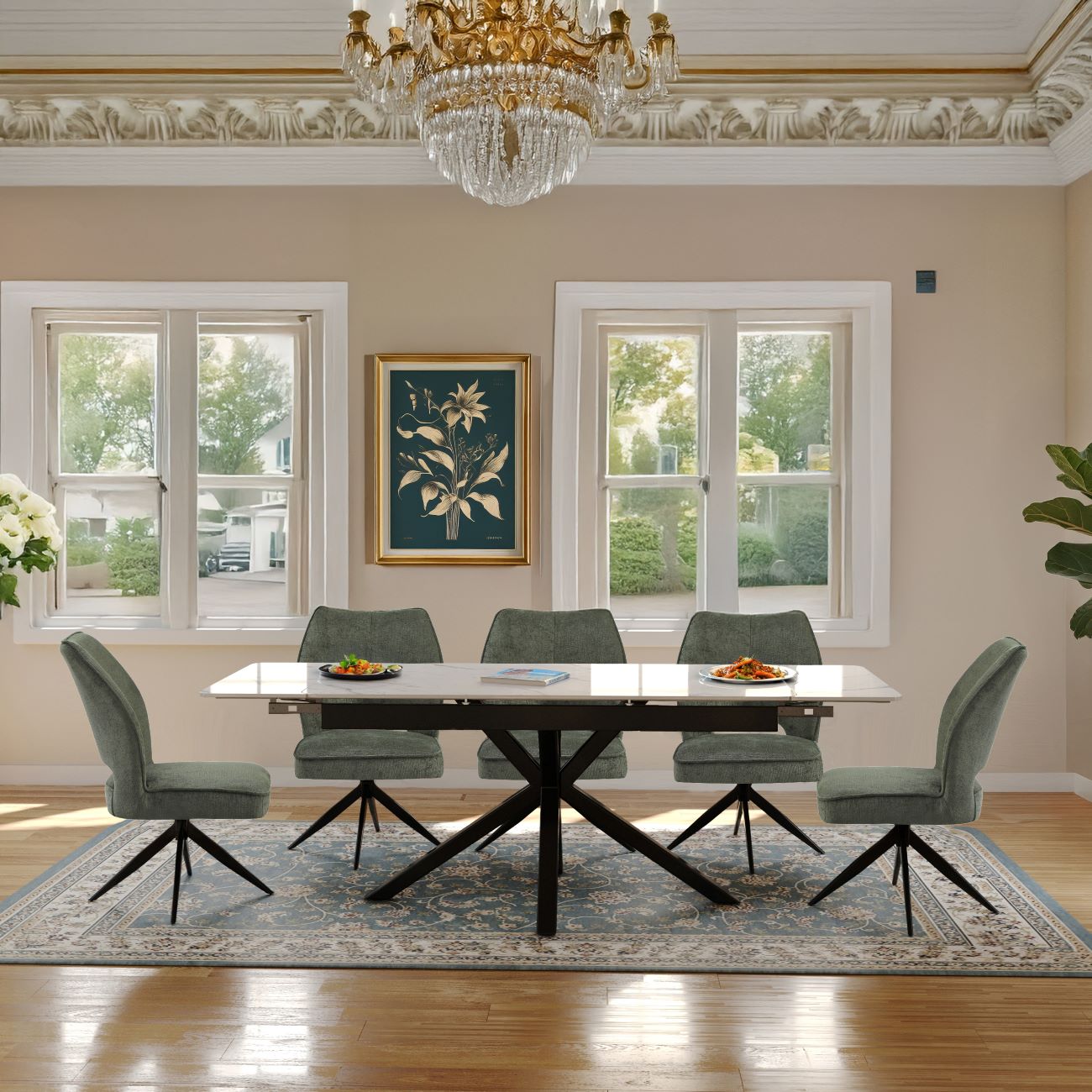 Oxford Black and 6 Tulip Chairs without Armrest Green Dining Set