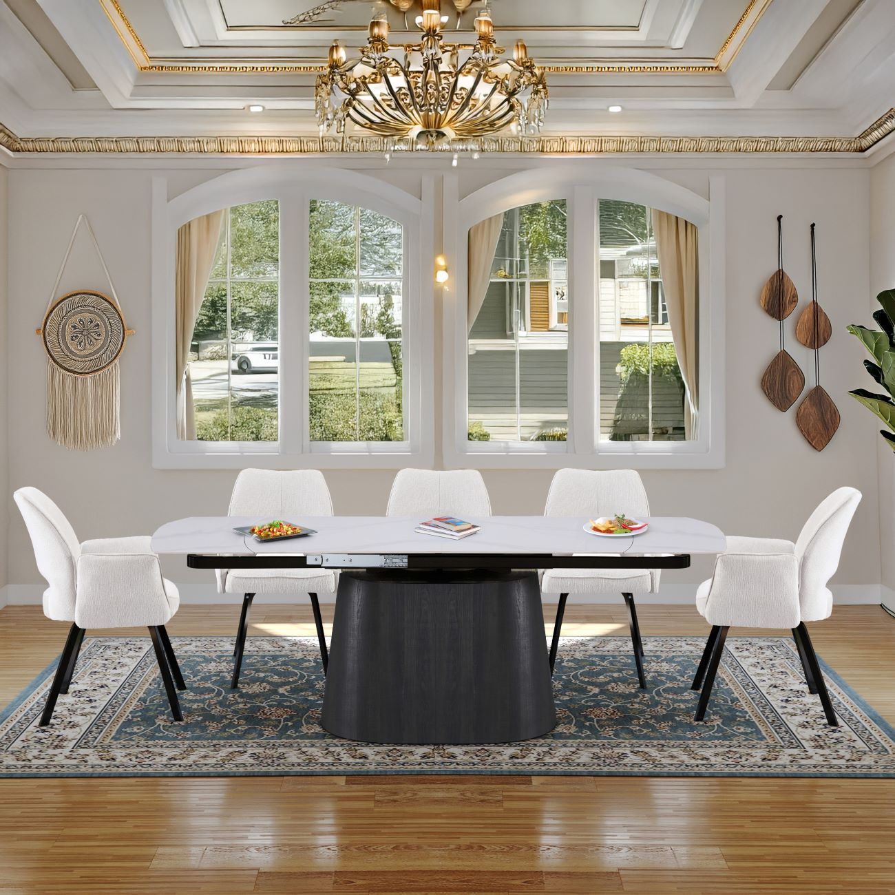 Cleo Twist White and 6 Tulip Chairs White without Armrest  Dining Set