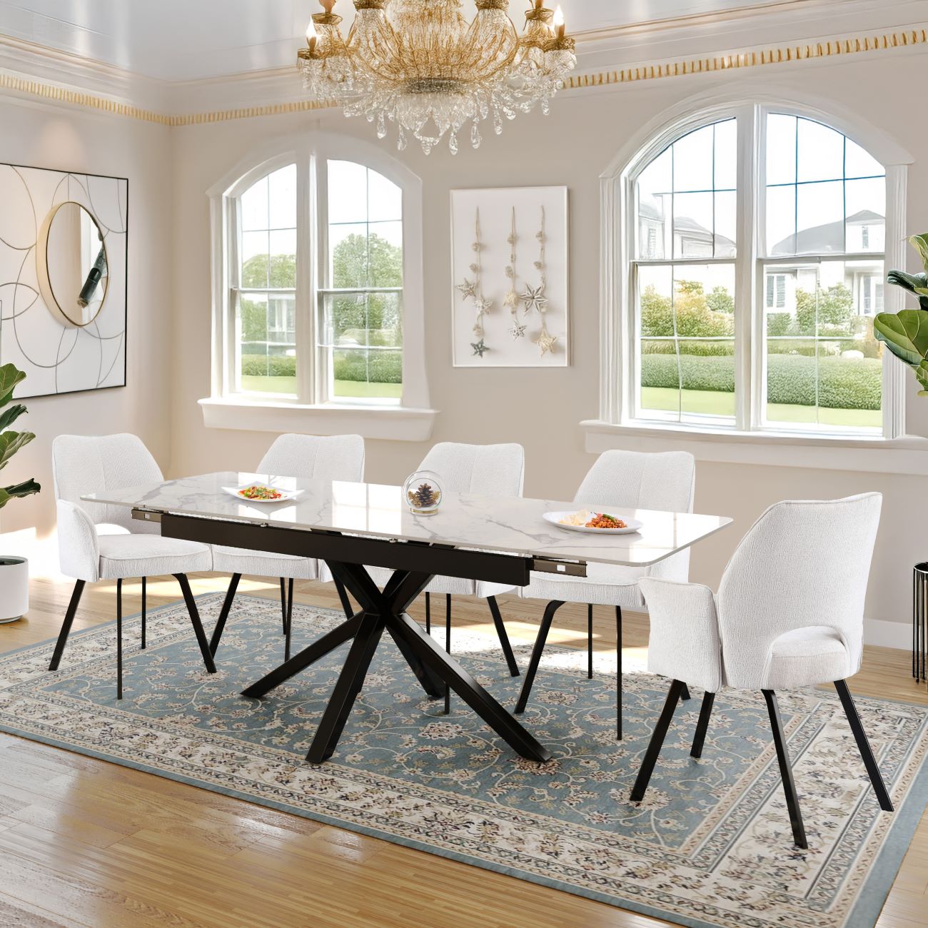 Oxford Black and 6 Tulip Chairs White with Armrest  Dining Set